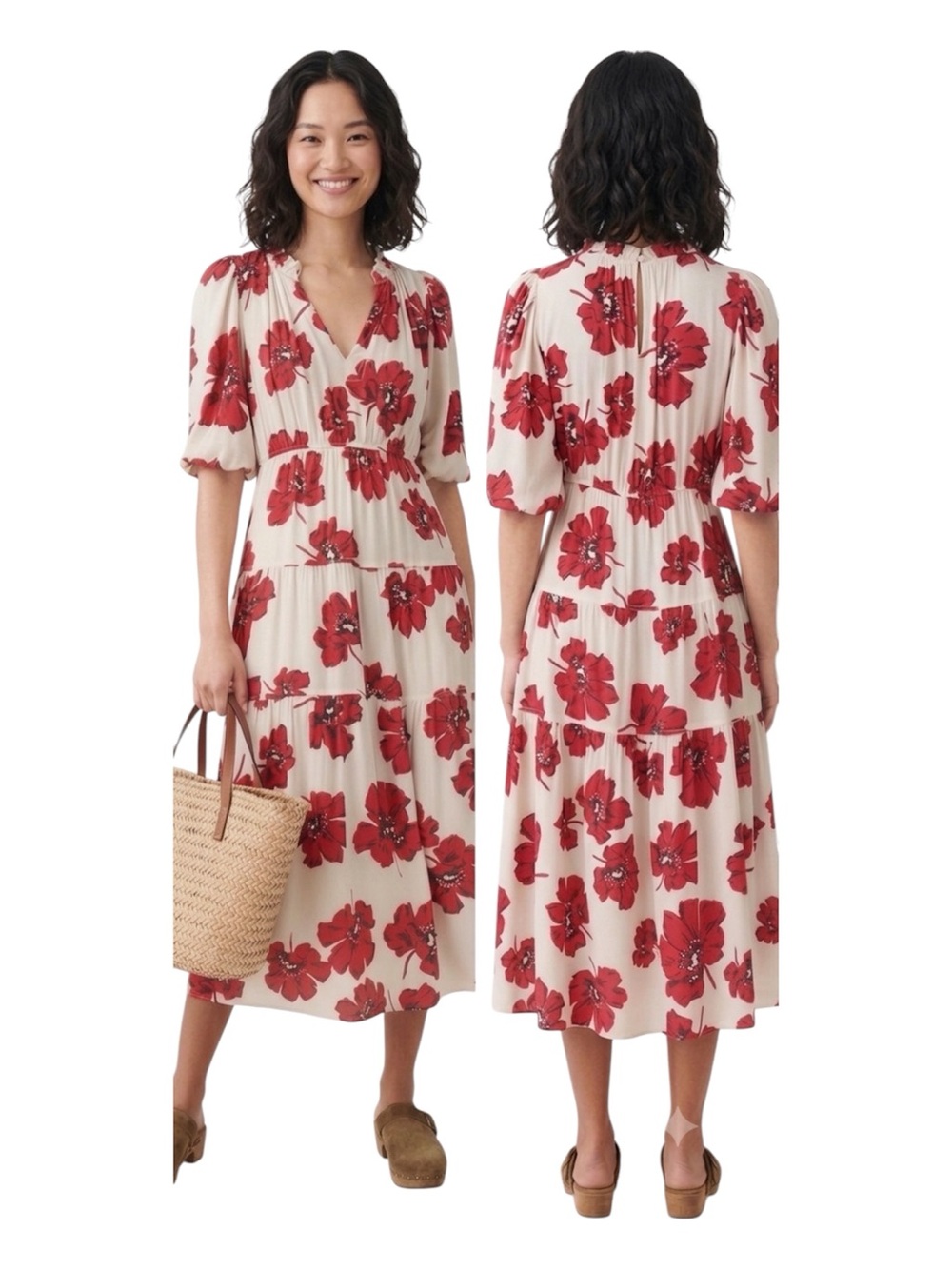ba&sh Ivory Red Black Floral V-Neck Smocked Puff 3/4 Sleeve Midi Dress XS